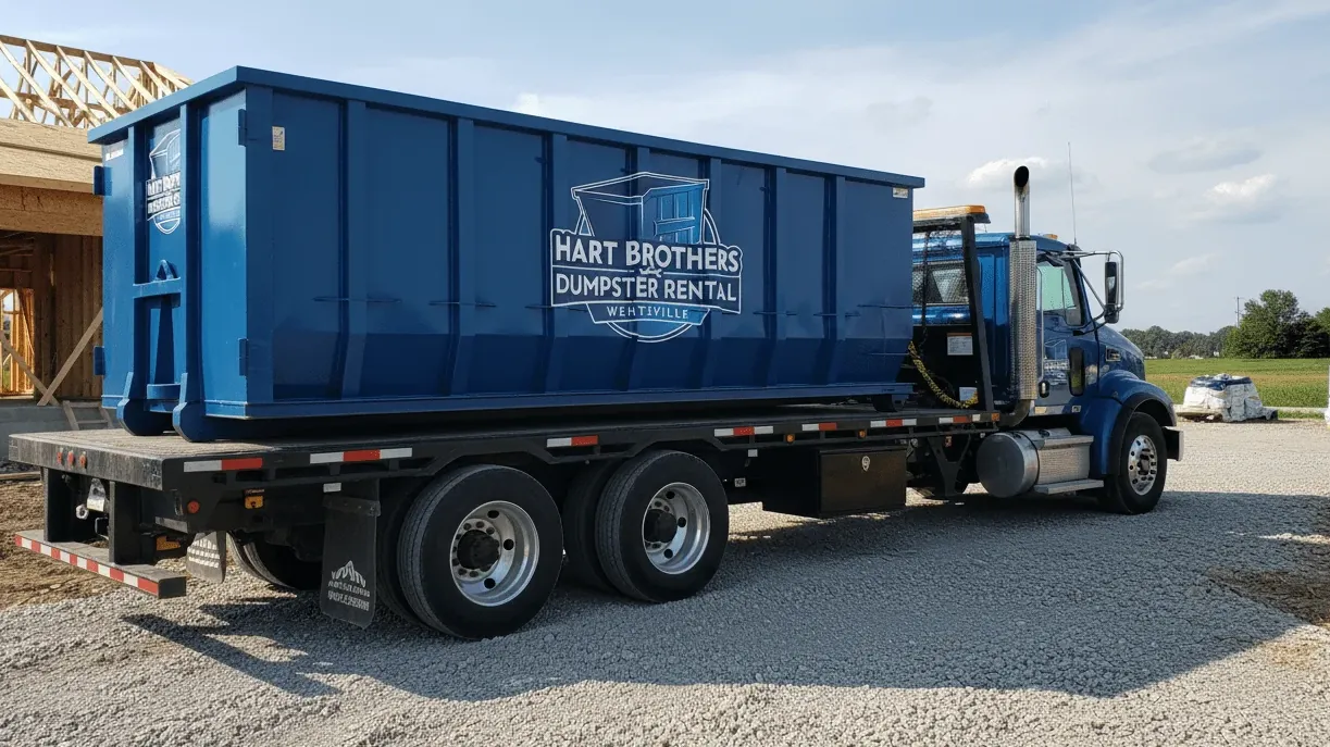 Driveway protection during dumpster delivery in Wentzville — protection boards under the container rails