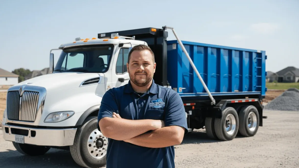 Hart Brothers Dumpster Rental driver talking a customer through container placement in Wentzville, MO