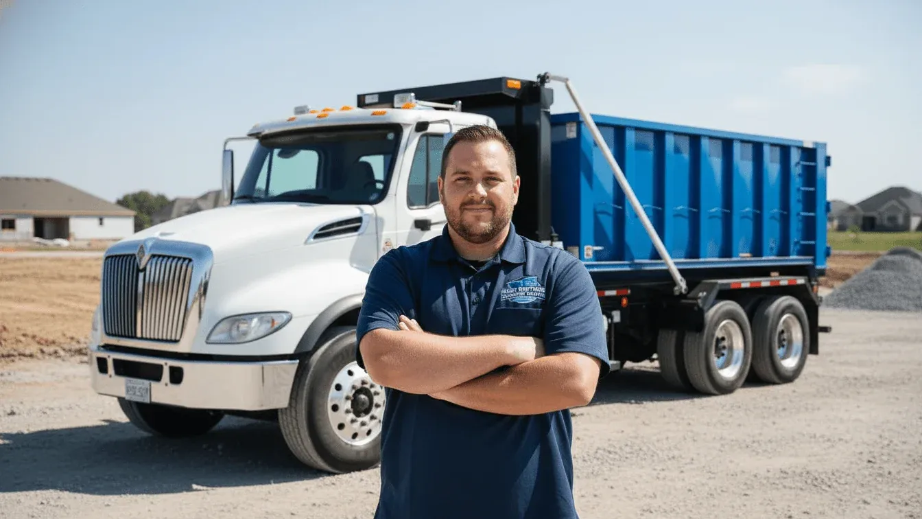 Dumpster rental cost in Wentzville, Missouri — driver going over a flat-rate quote with a customer