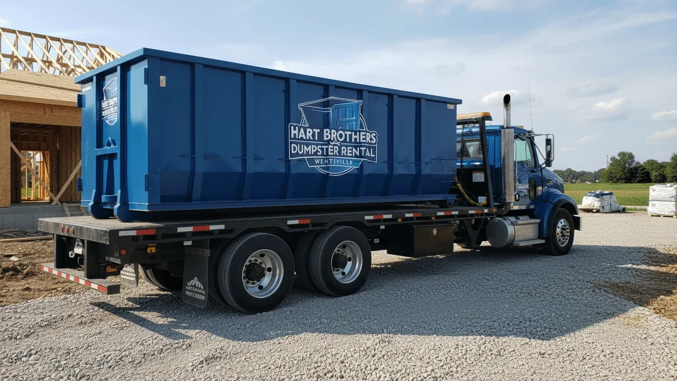 Roll-off truck delivering a 30 yard dumpster on a residential street in Wentzville, MO
