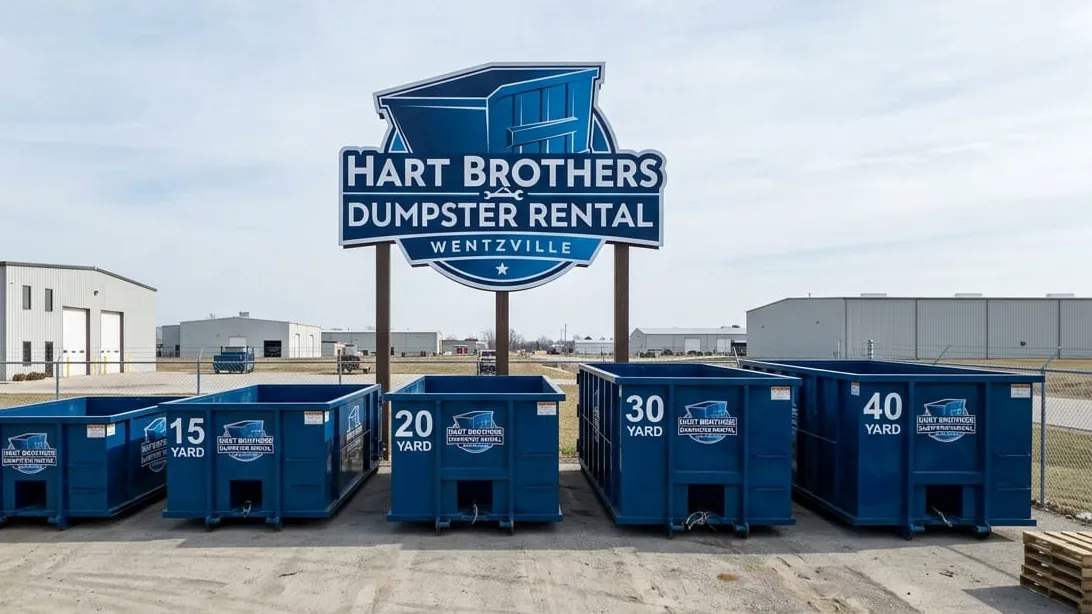 What size dumpster do I need in Wentzville — roll-off containers lined up by size at the yard
